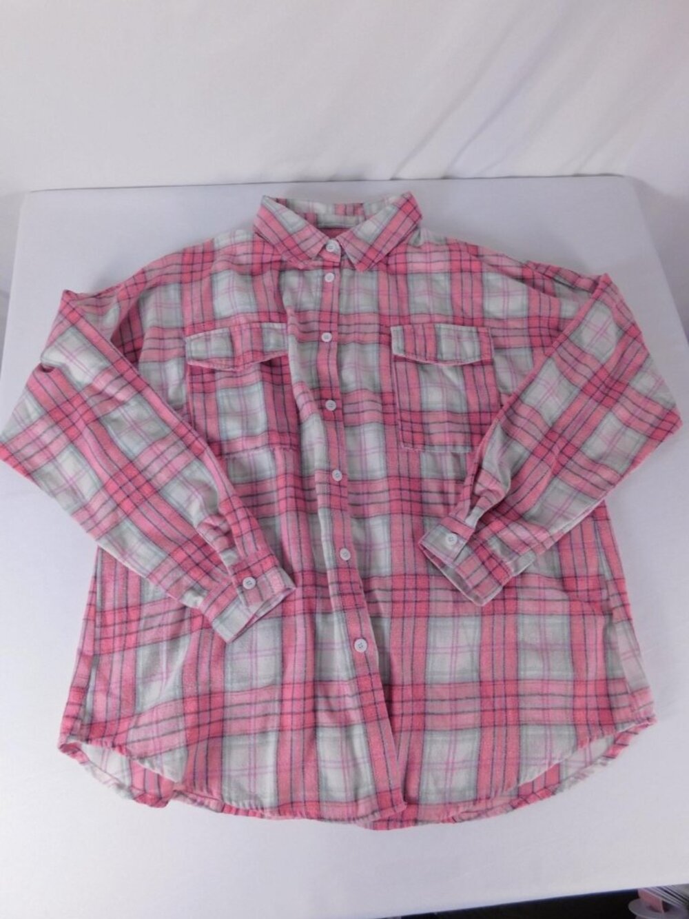 B Button-Up Shirt Womens M Pink Plaid Flannel Long Sleeve Stretch Casual Top